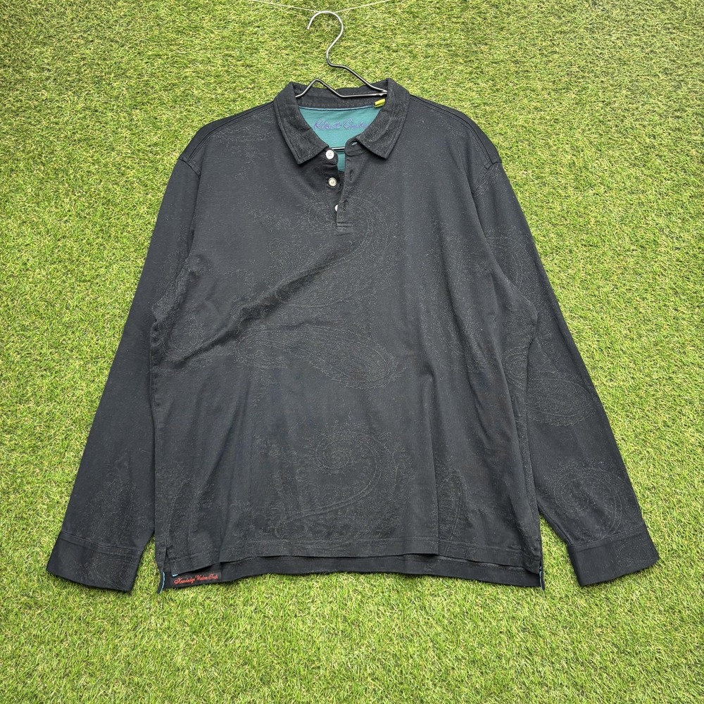 Robert Graham Polo Shirt Mens XL Black Paisley Long Sleeve Classic Fit Knit